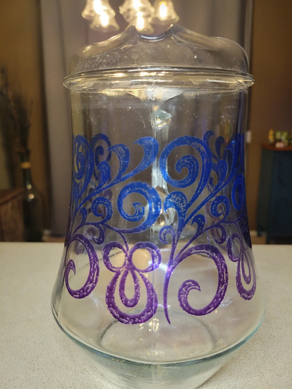Vintage Glass Pitcher with Blue & Purple Scroll Design